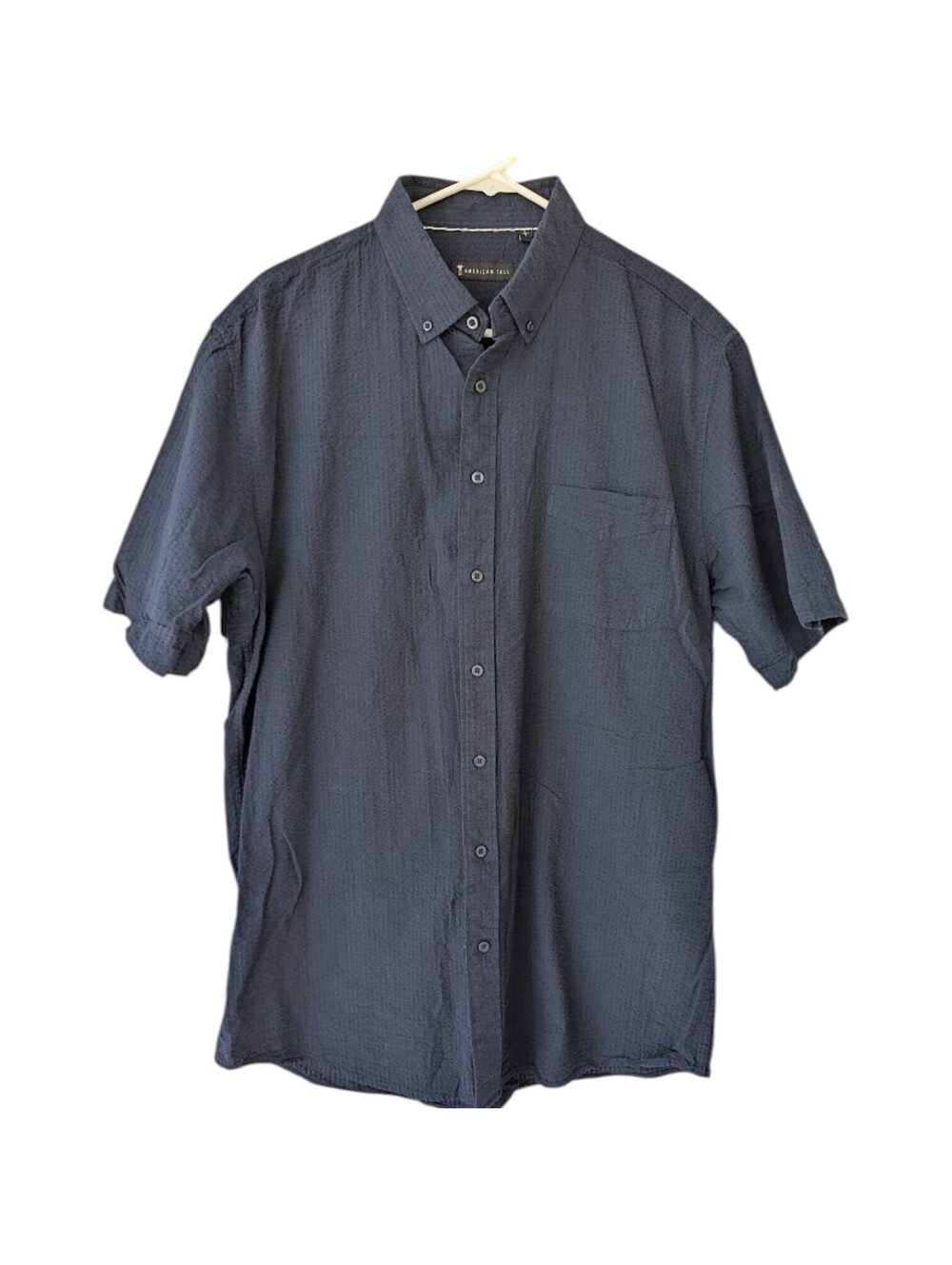 American Tall Shirt Large Tall LT Navy Blue Seersucker Short Sleeve Button Down